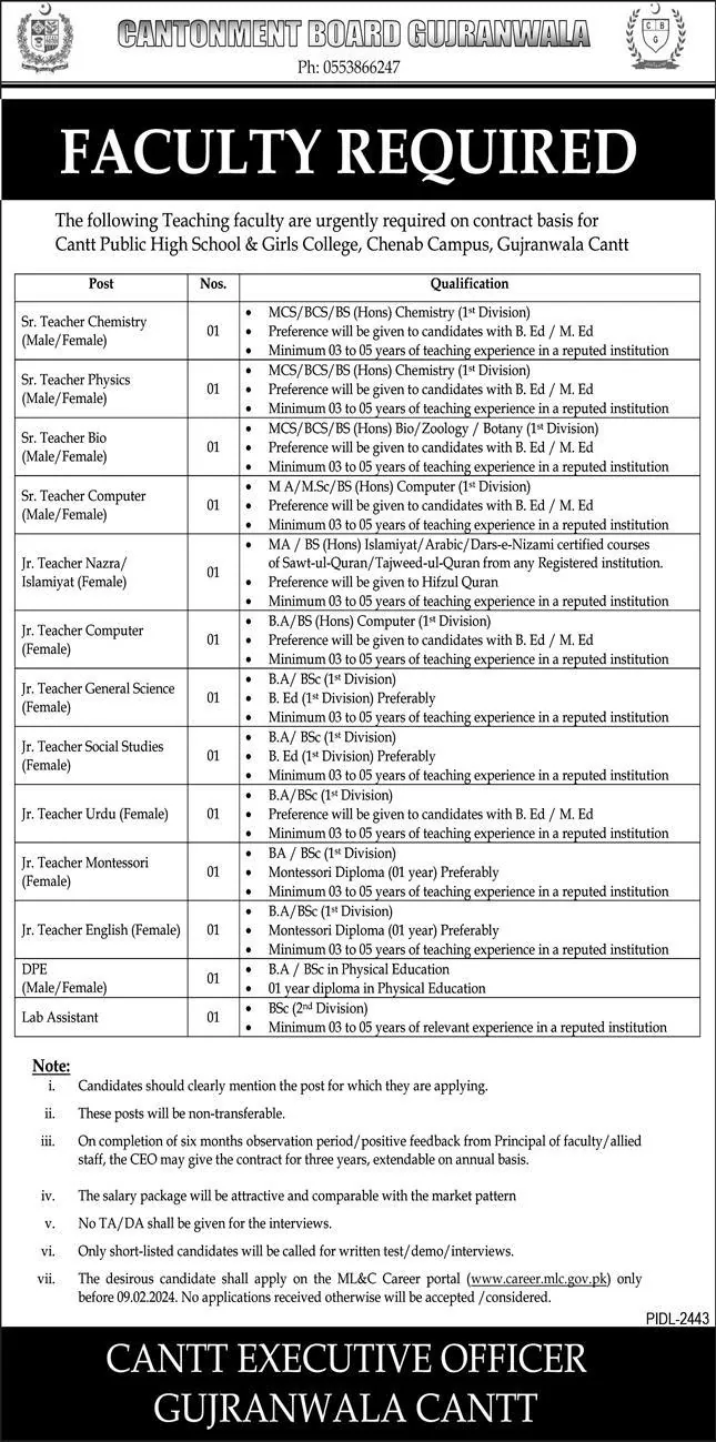 Cantonment Board Jobs 2024