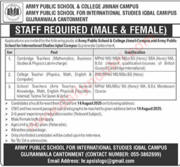 Army Public School & College Jobs 2025